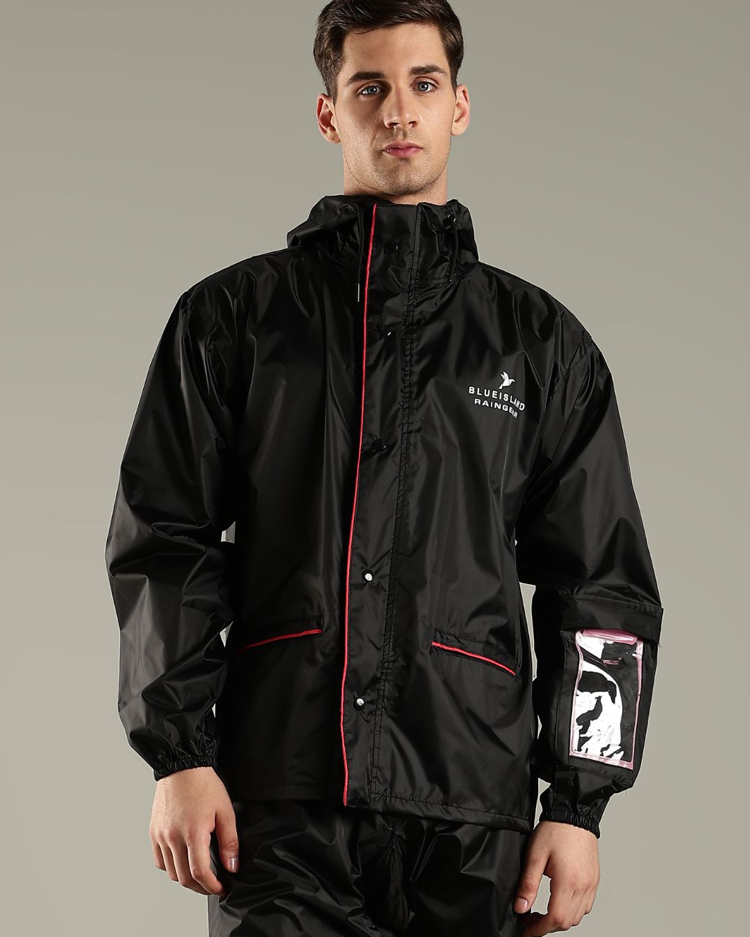 Black Rain Jacket with Pant and Mobile Pouch - Image 1