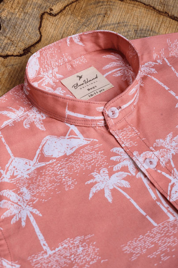 KIDS - Peachy Palm Print-Chinese Collar-Stain Proof Shirt