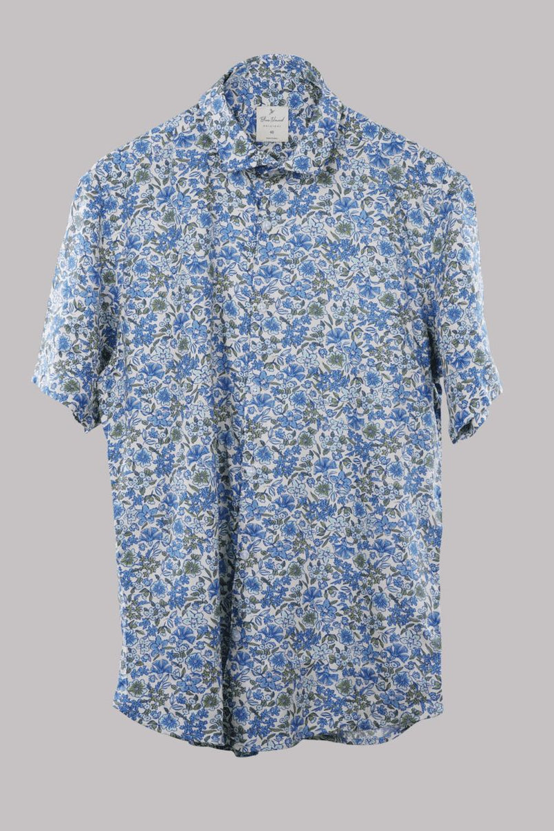 White & Blue Floral Print - Half Sleeve - Airlite Shirt