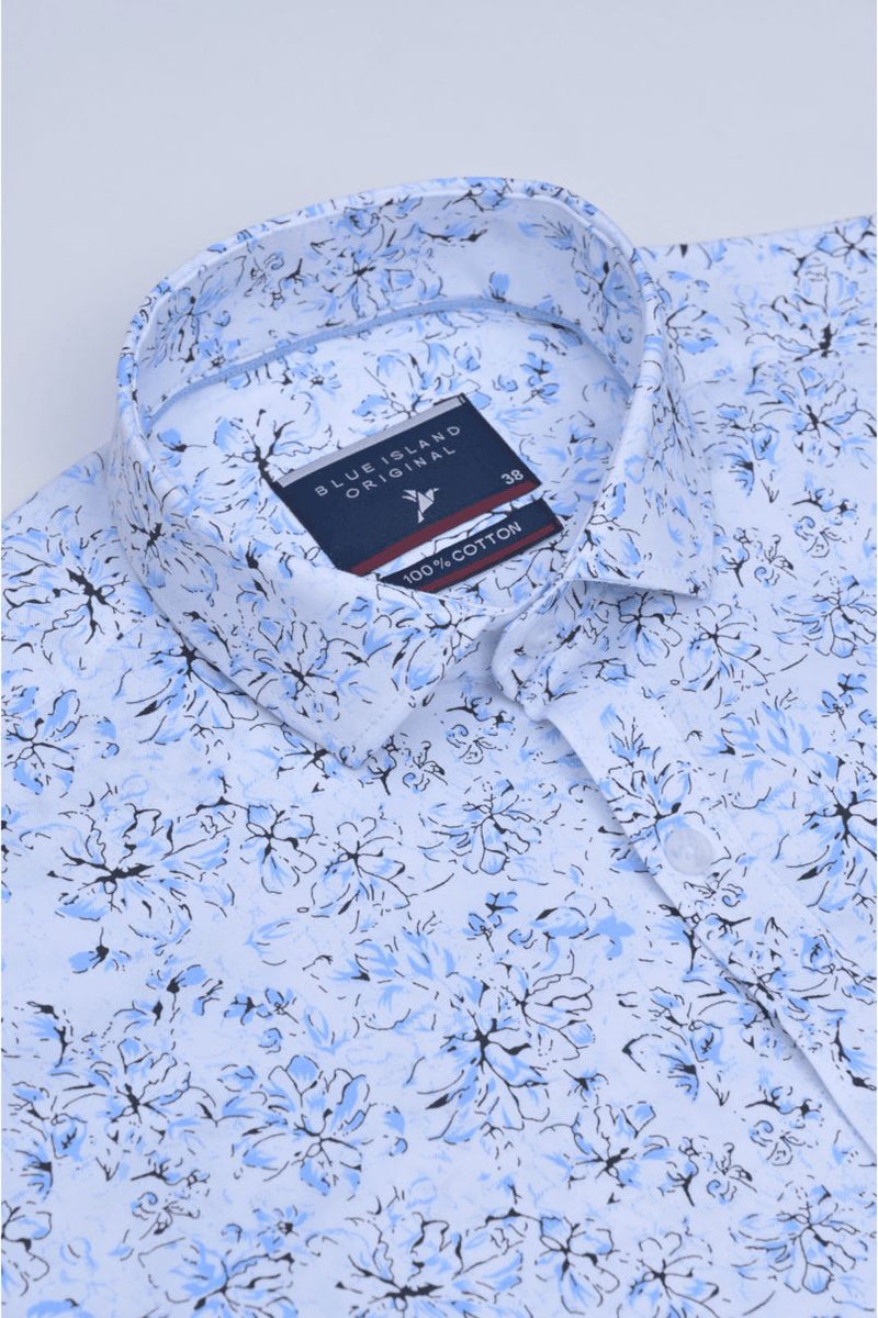 Elegant White & Blue Floral Print -Full-Stain Proof