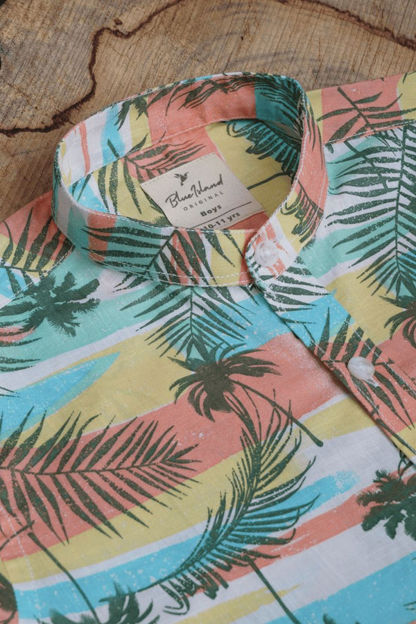 KIDS - Tropical Sunset Print-Chinese Collar-Stain Proof Shirt