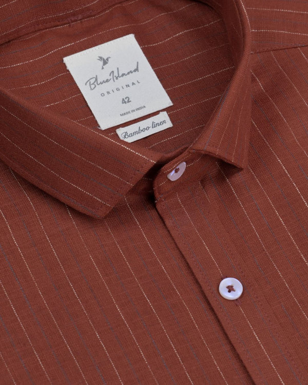 Brick Brown Double Stripes -Full-Bamboo Linen