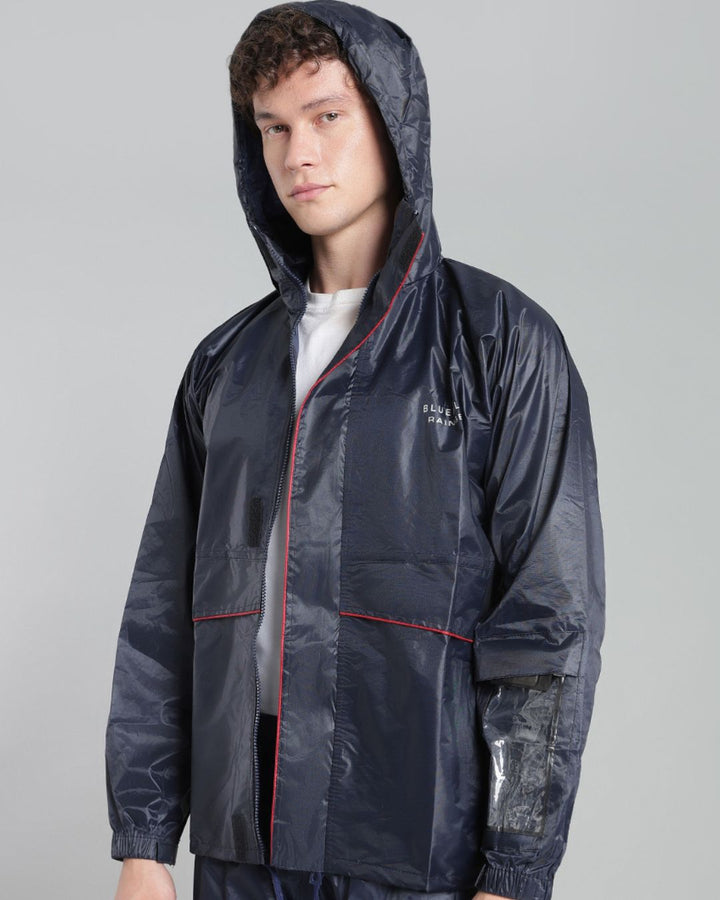 Navy with Red Taping - Rain Jacket with Pant and Mobile Pouch