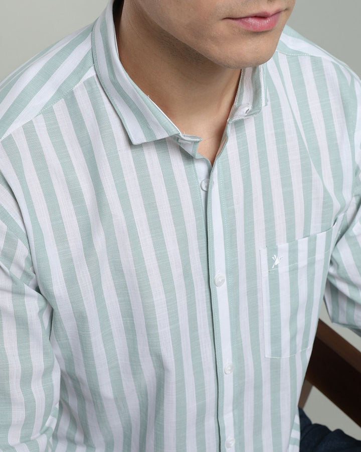 White & Green Bold Stripes -Full-Cotton Linen Shirt