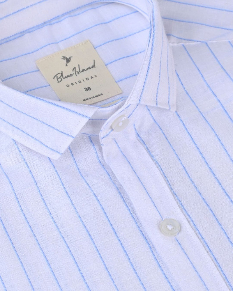 White & Blue Double Line Stripes -Full-Bamboo Linen