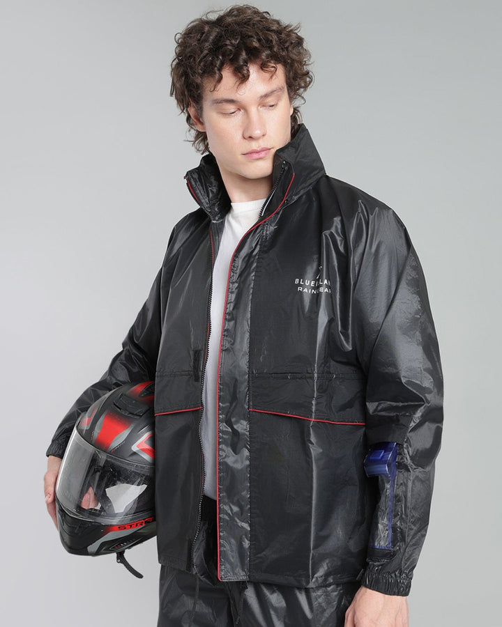 Black with Red Taping - Rain Jacket with Pant and Mobile Pouch