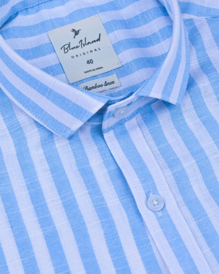 Aqua Blue and White Bars -Full-Bamboo Linen