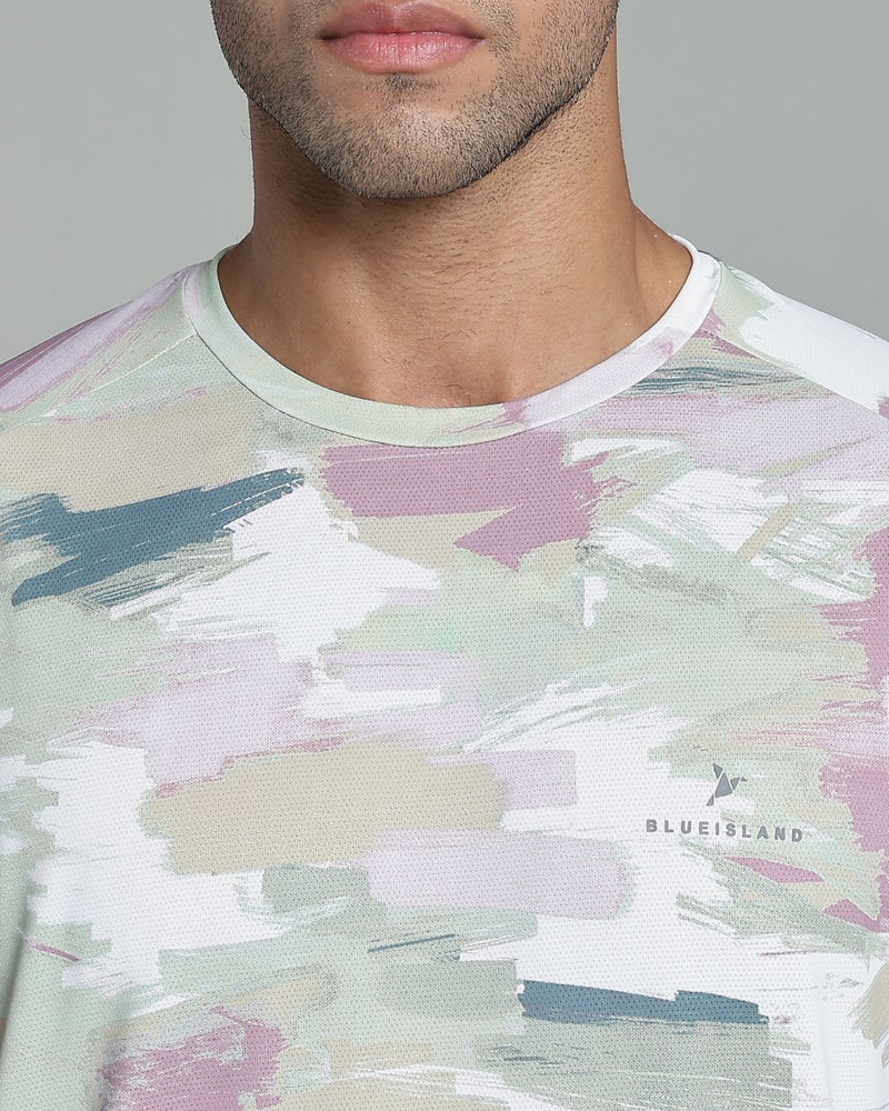 Pistah Green & Pink Splash - Active wear Round neck Tshirt