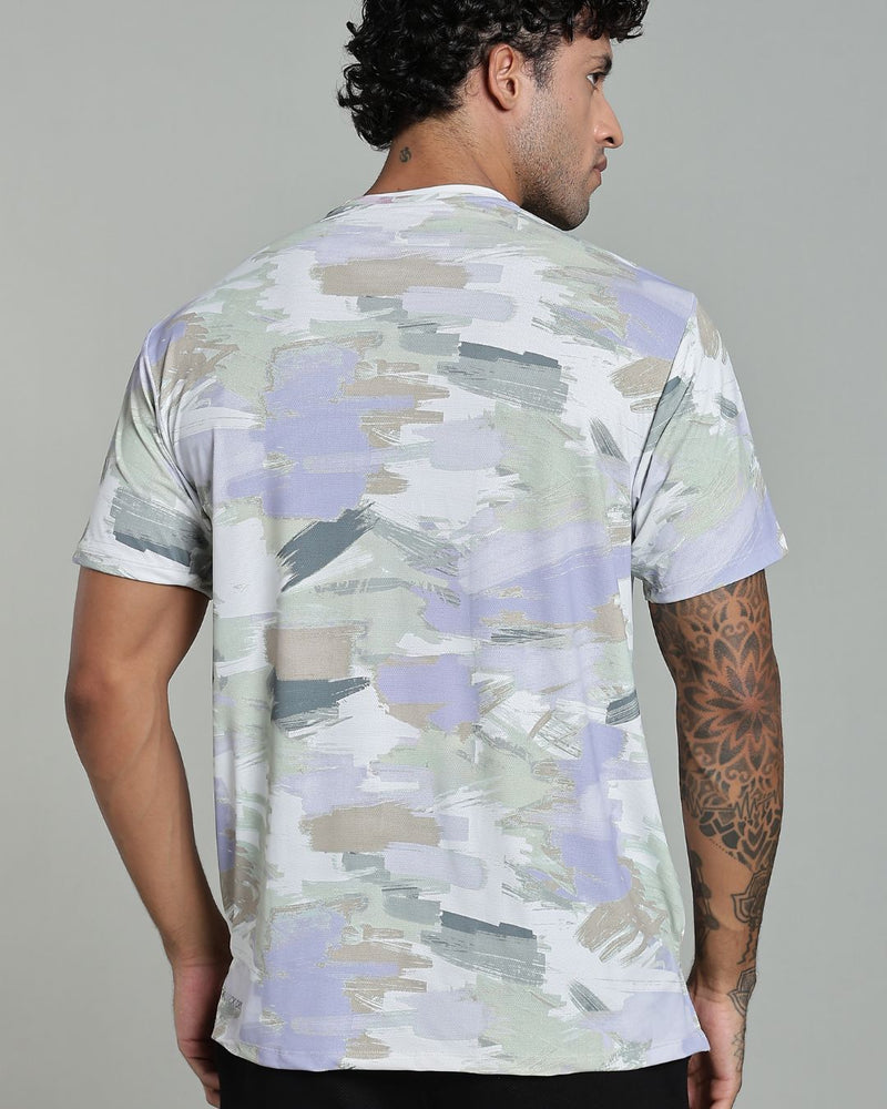 Mild Lavender & Lite Olive Splash - Active wear Round neck Tshirt