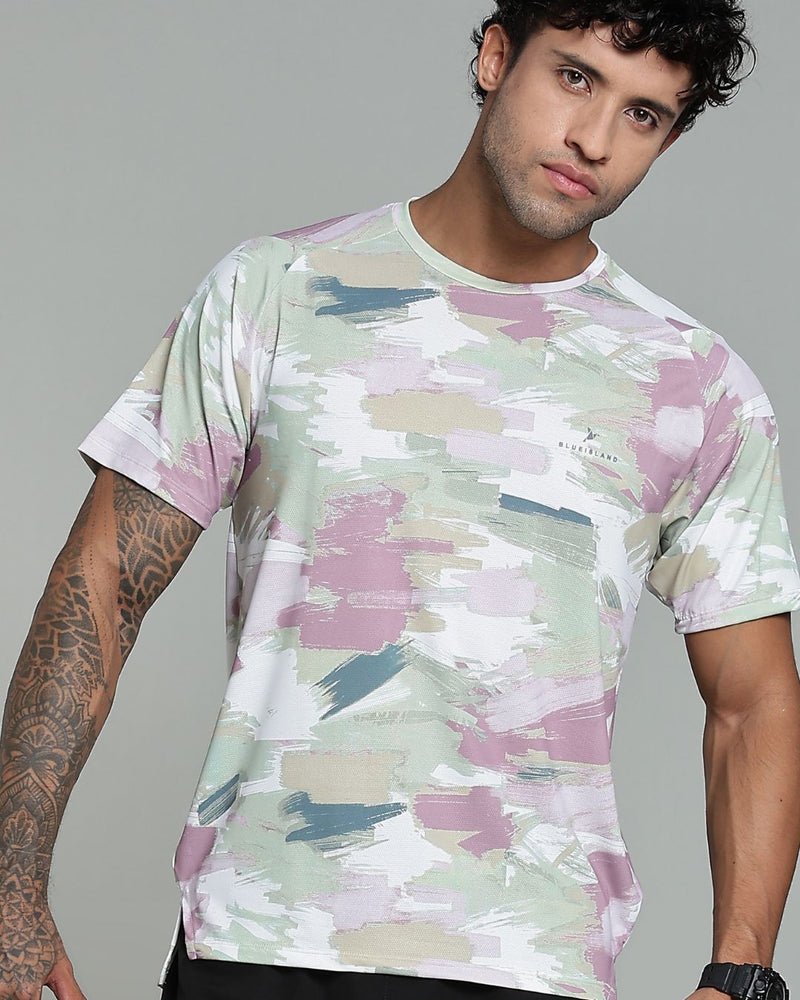 Pistah Green & Pink Splash - Active wear Round neck Tshirt
