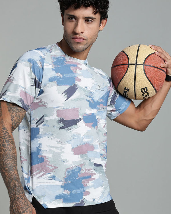 Bluish Grey & Green Splash - Active wear Round neck Tshirt
