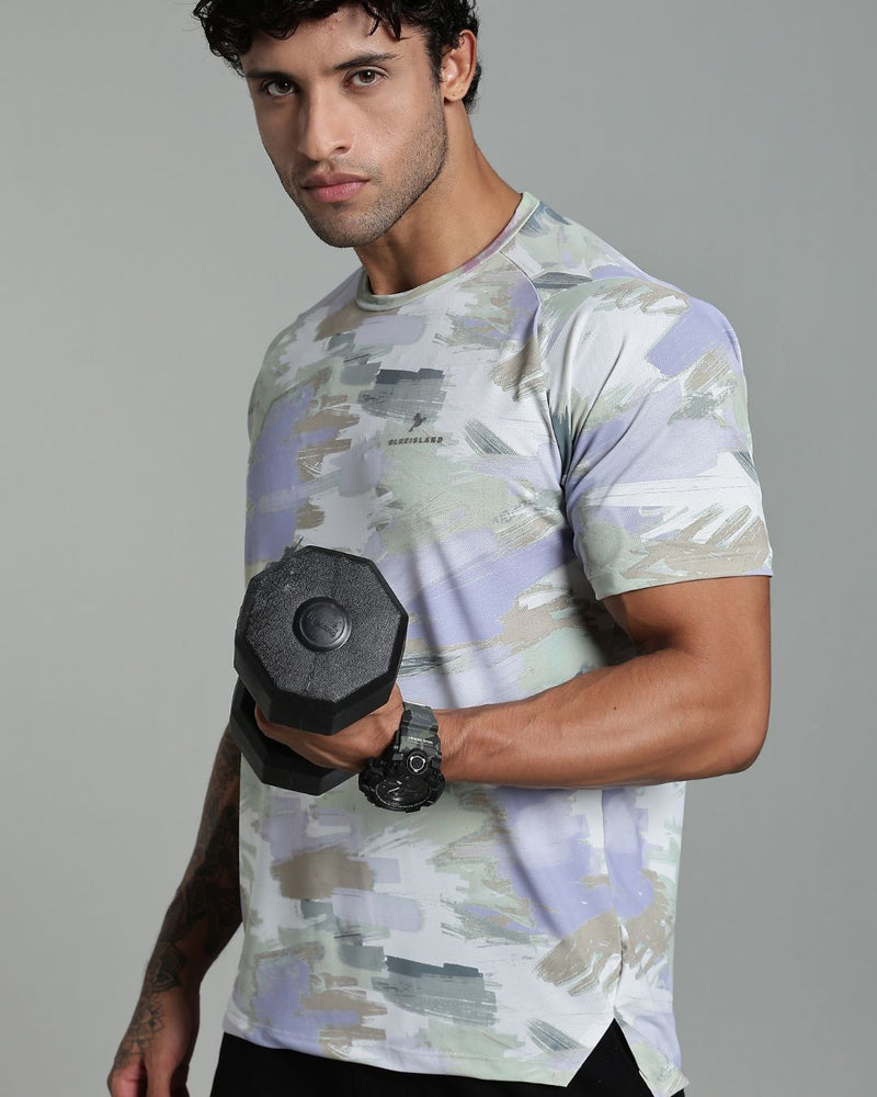 Mild Lavender & Lite Olive Splash - Active wear Round neck Tshirt