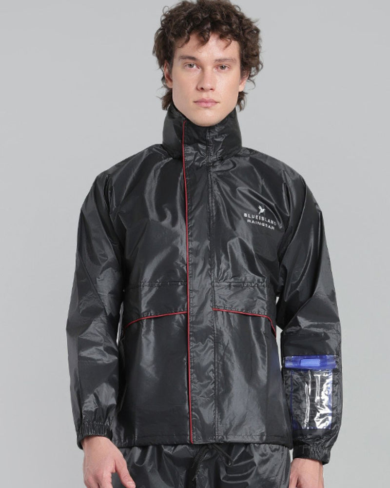 Black with Red Taping - Rain Jacket with Pant and Mobile Pouch