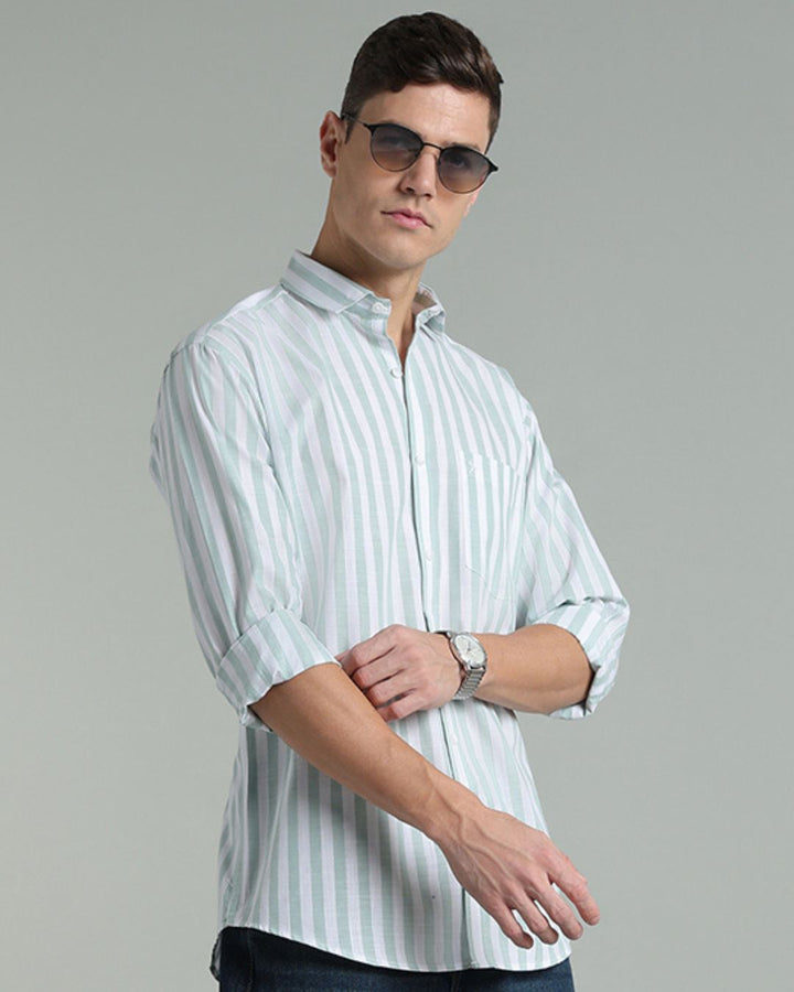 White & Green Bold Stripes -Full-Cotton Linen Shirt
