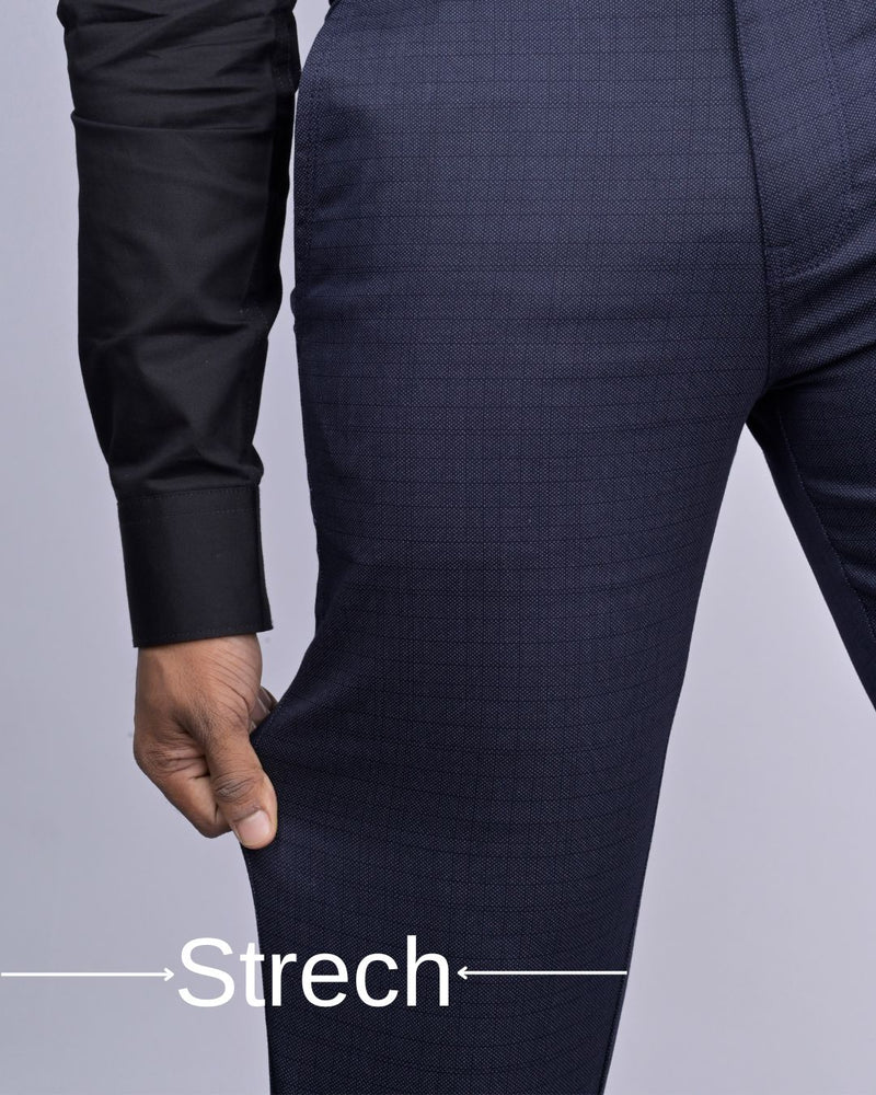 Navy Grain Checked - 2 way stretch - COTTON PANT