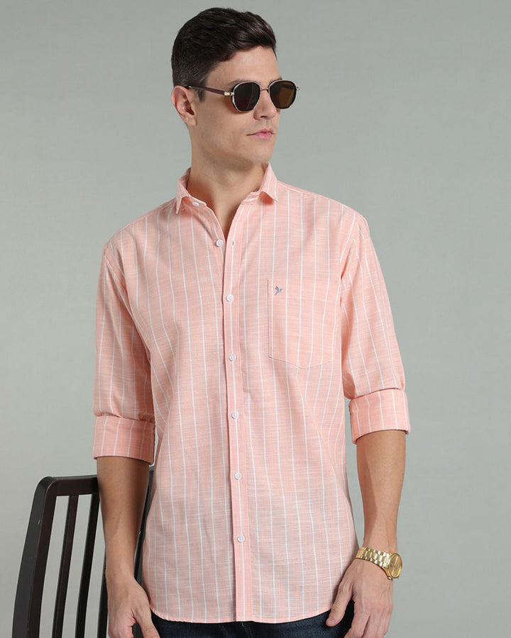 Peach Orange & White Line Stripes -Full-Cotton Linen Shirt