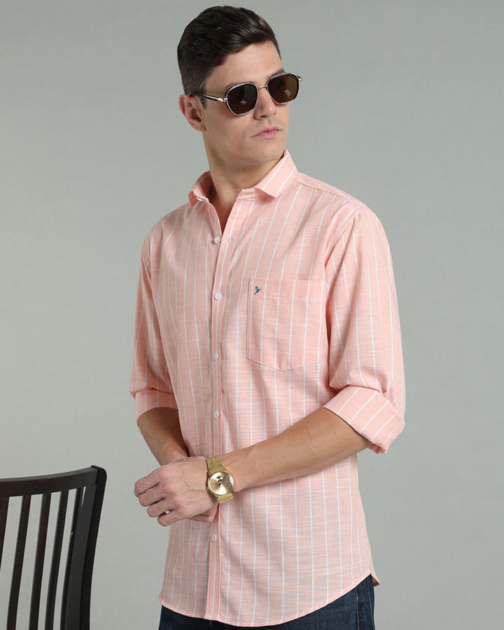 Peach Orange & White Line Stripes -Full-Cotton Linen Shirt