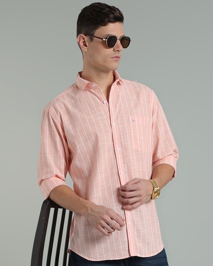 Peach Orange & White Line Stripes -Full-Cotton Linen Shirt