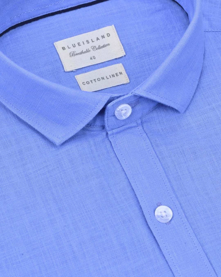 Powder Blue Solid-Full-Cotton Linen Shirt
