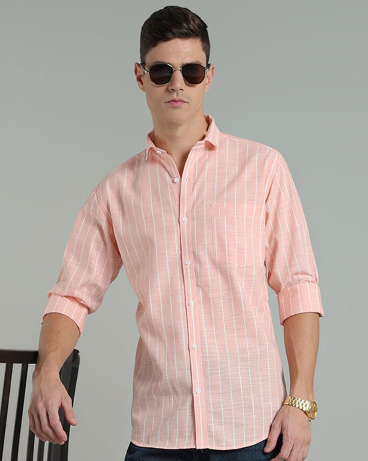 Peach Orange & White Line Stripes -Full-Cotton Linen Shirt