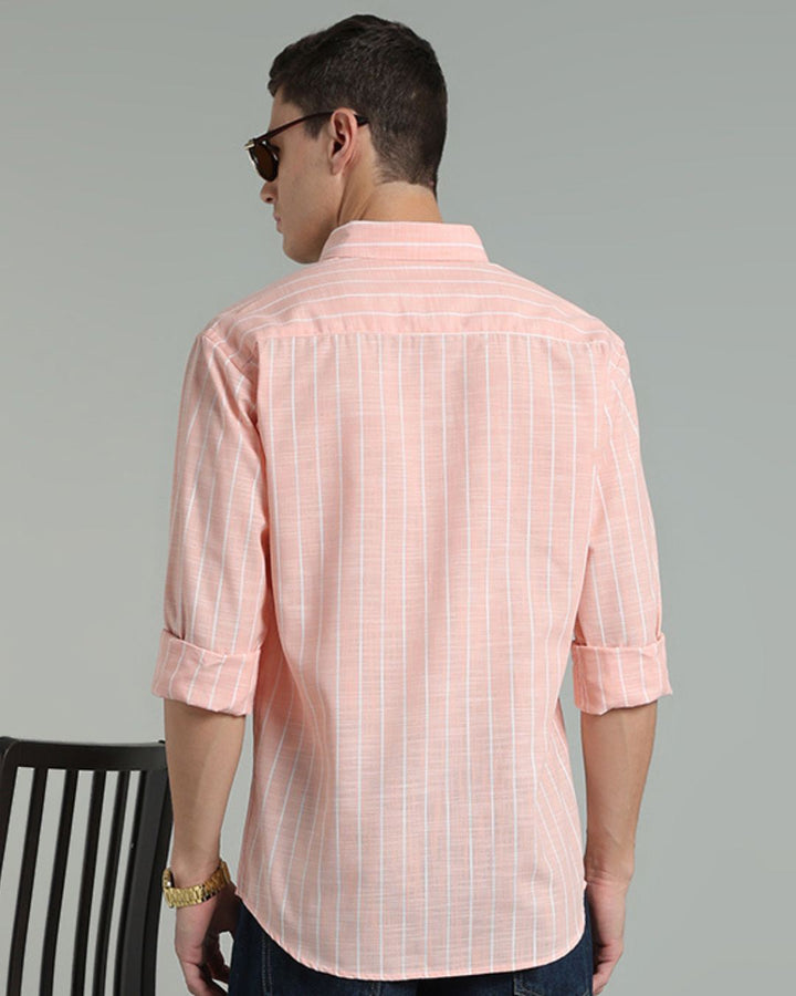 Peach Orange & White Line Stripes -Full-Cotton Linen Shirt