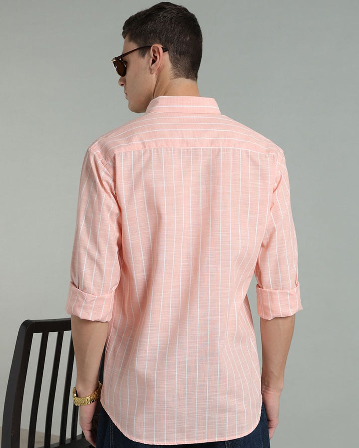 Peach Orange & White Line Stripes -Full-Cotton Linen Shirt