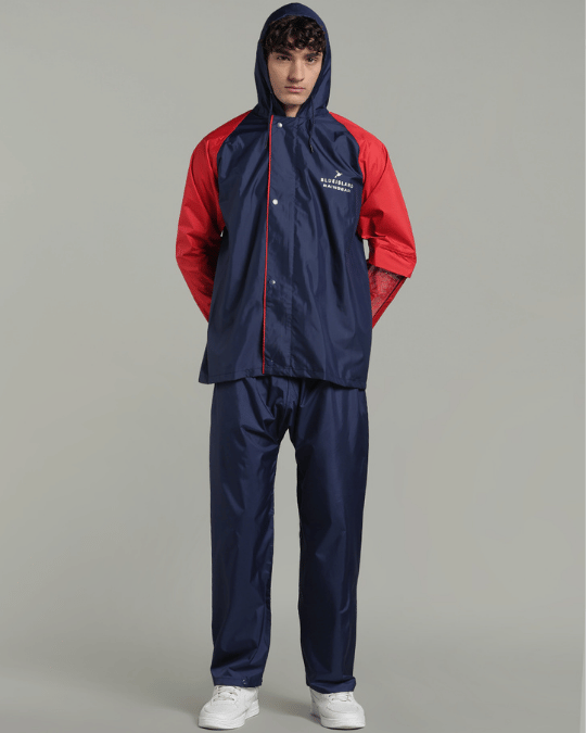 Navy with Red Sleeve - Rain Jacket with Pant & Mobile Pouch