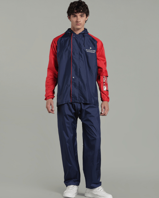 Navy with Red Sleeve - Rain Jacket with Pant & Mobile Pouch