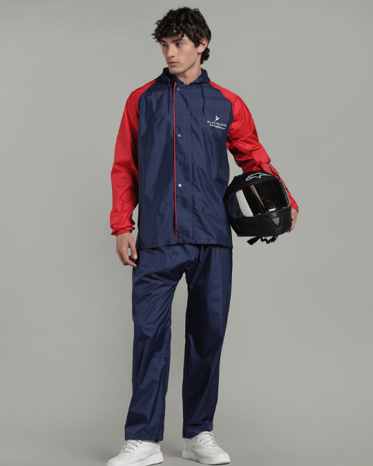 Navy with Red Sleeve - Rain Jacket with Pant & Mobile Pouch