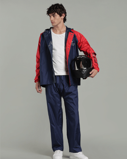 Navy with Red Sleeve - Rain Jacket with Pant & Mobile Pouch