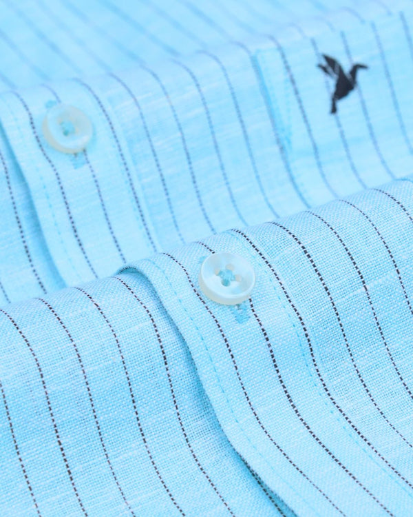 Blue & Black Dotted Line Stripes -Full-Bamboo Linen