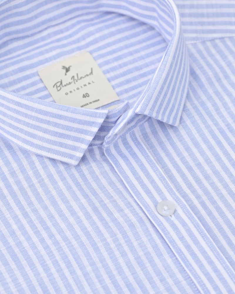 White & Blue Parallel Stripes -Full-Bamboo Linen