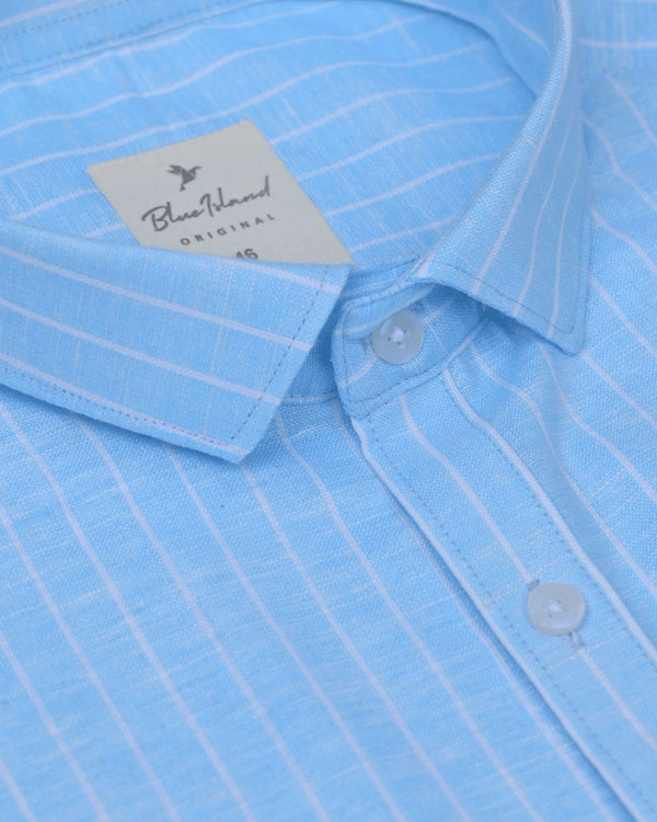 Aqua Blue Stripes -Full-Bamboo Linen