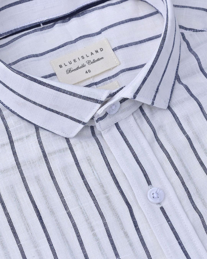 White & Navy Line Stripes-Full-Cotton Linen Shirt