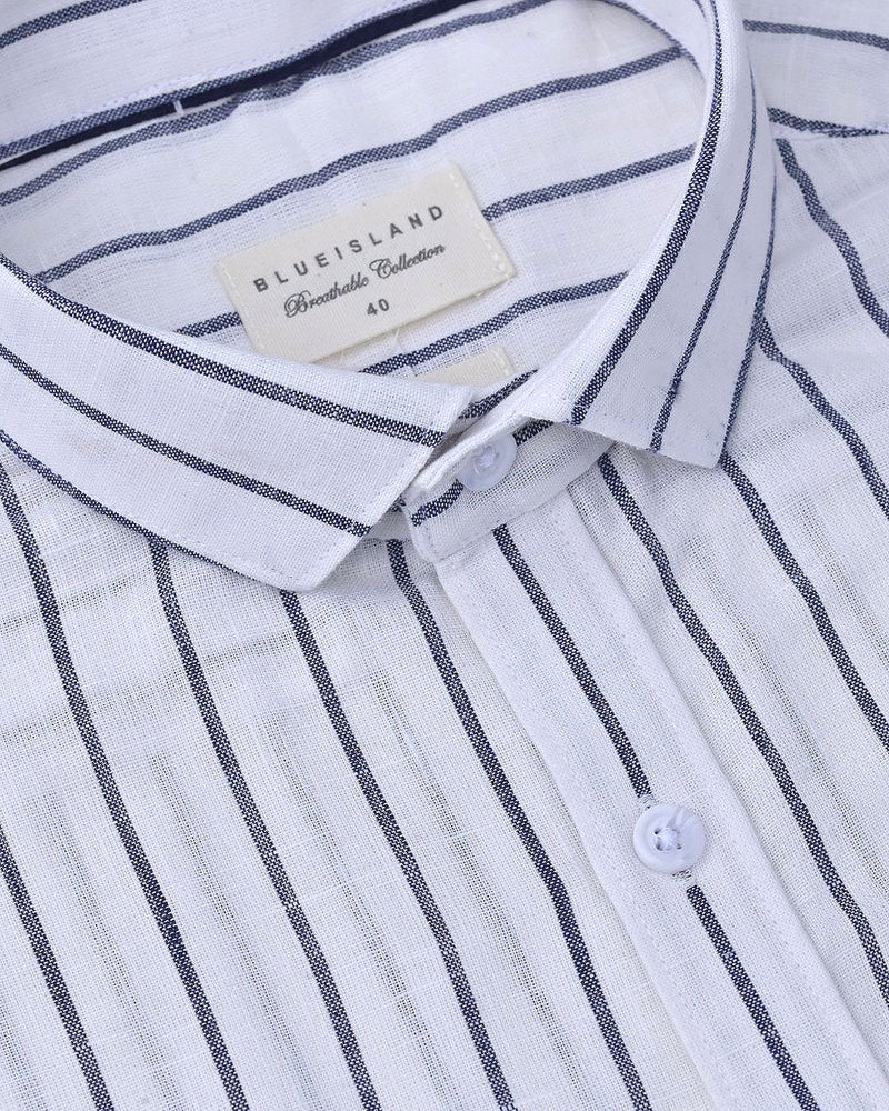 White & Navy Line Stripes-Full-Cotton Linen Shirt