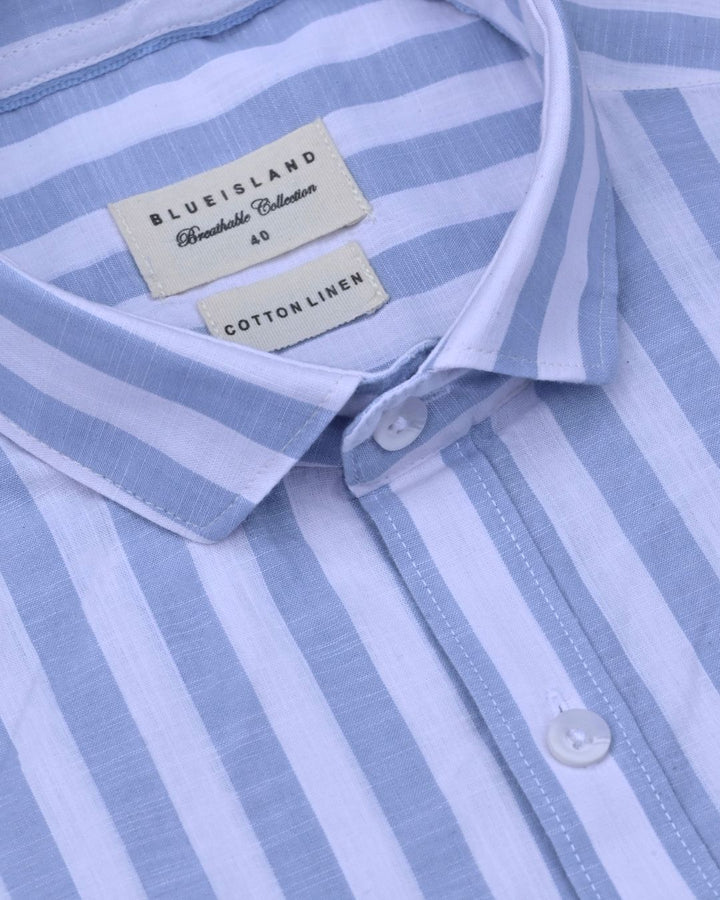 White & Blue Bold Stripes -Full-Cotton Linen Shirt