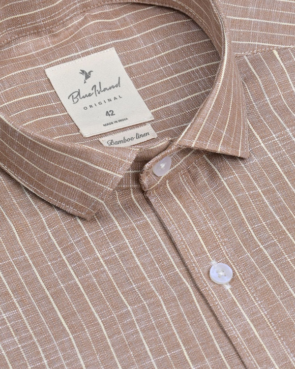 Wooden Brown & Yellow Line Stripes -Half Sleeve-Bamboo Linen