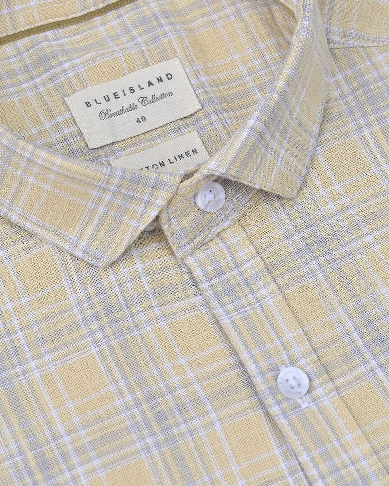 Soft Yellow & Grey Checks -Full-Cotton Linen Shirt