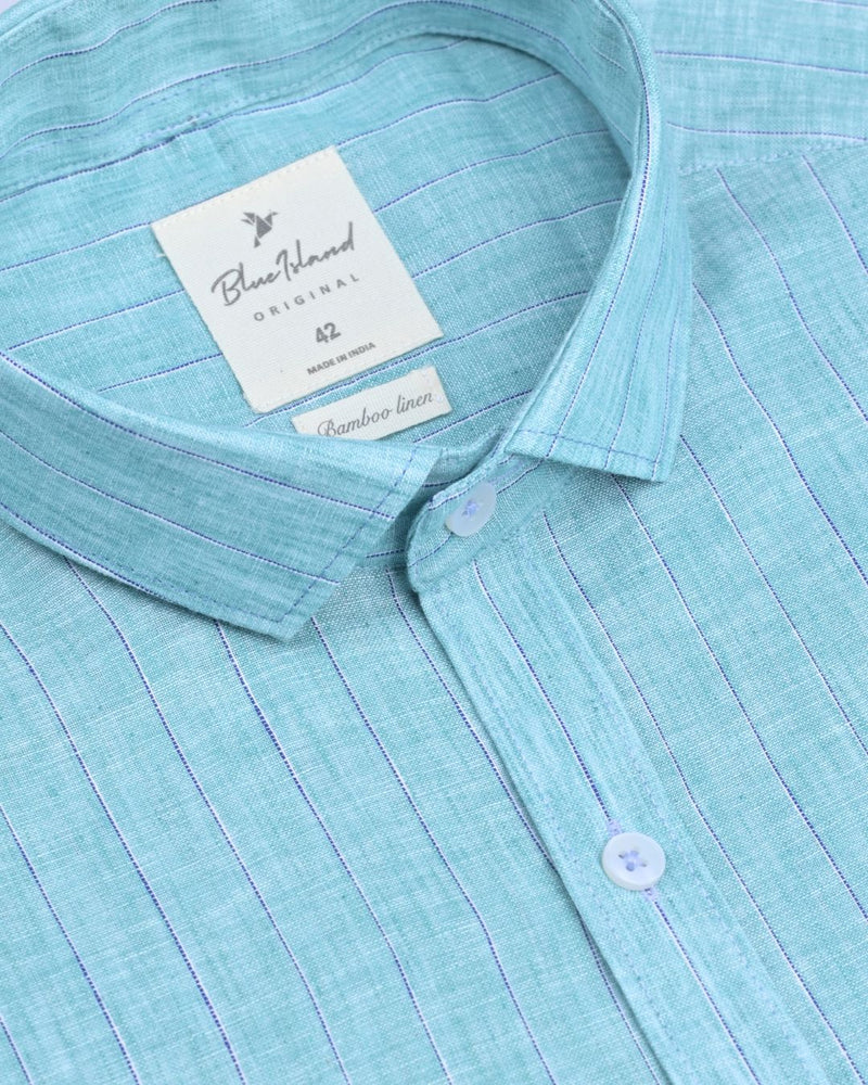 Teal Green Dotted Line Stripes -Full-Bamboo Linen