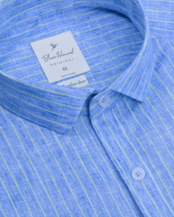 Denim Blue & Green Stripes -Full-Bamboo Linen
