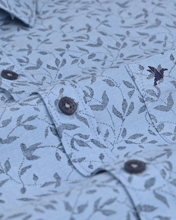 Steel Blue Leaf Print -Full-Stain Proof