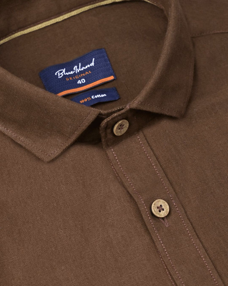 Dark Brown Solid-Full-Cotton Linen Shirt