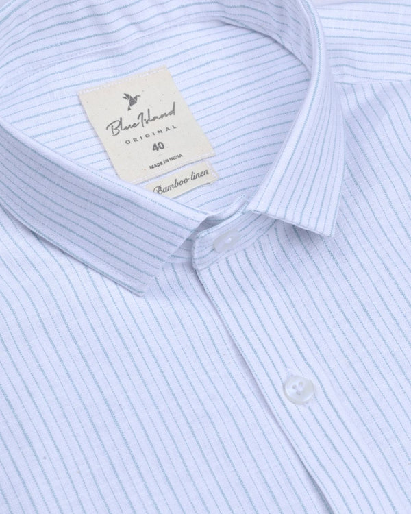 White & Green Double Mini Stripes -Full-Bamboo Linen