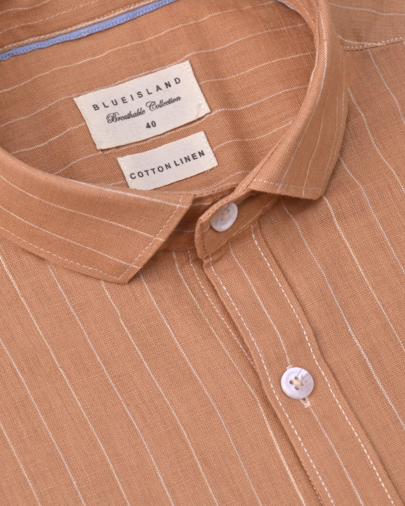Peach Orange Vertical Stripes-Full-Cotton Linen Shirt