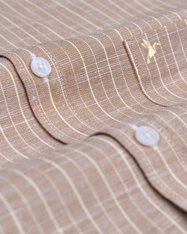 Wooden Brown & Yellow Line Stripes -Half Sleeve-Bamboo Linen