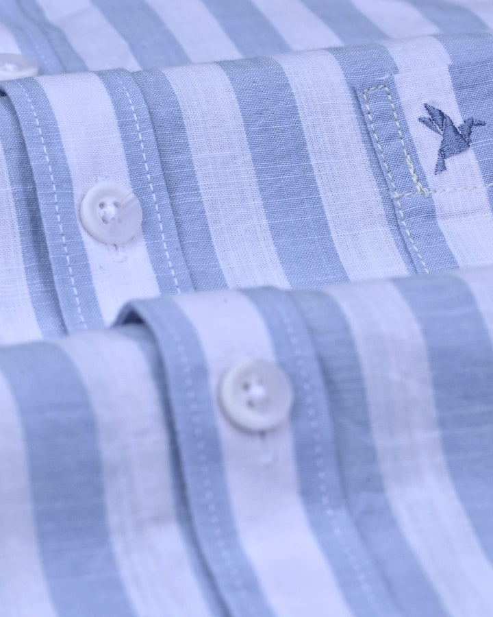 White & Blue Bold Stripes -Full-Cotton Linen Shirt