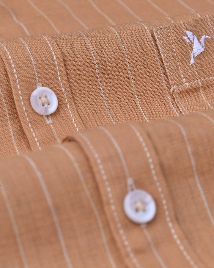 Peach Orange Vertical Stripes-Full-Cotton Linen Shirt