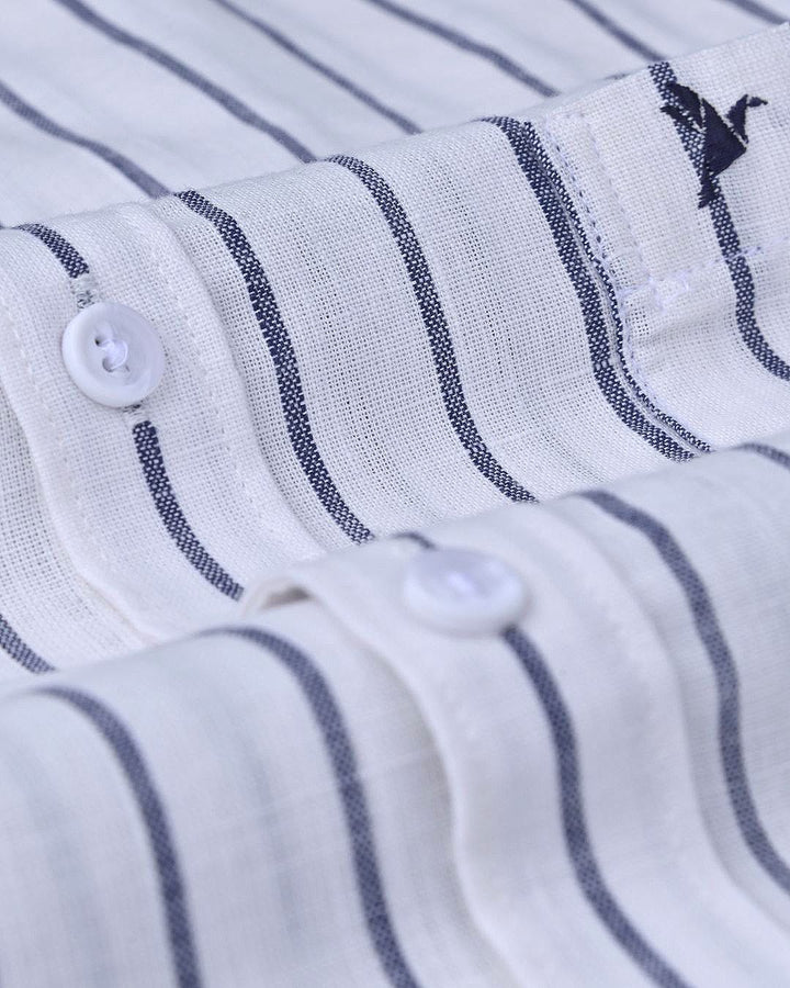 White & Navy Line Stripes-Full-Cotton Linen Shirt