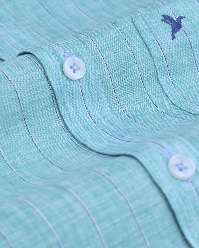 Teal Green Dotted Line Stripes -Full-Bamboo Linen