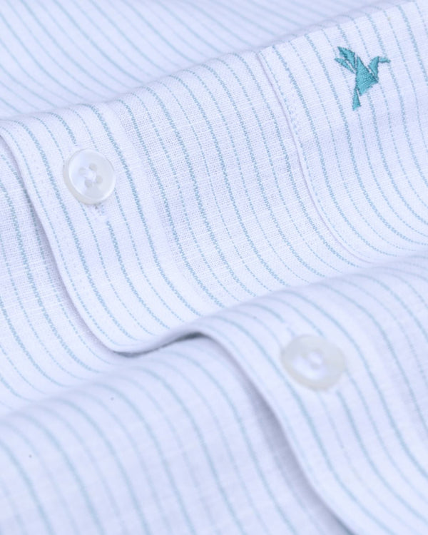 White & Green Double Mini Stripes -Full-Bamboo Linen